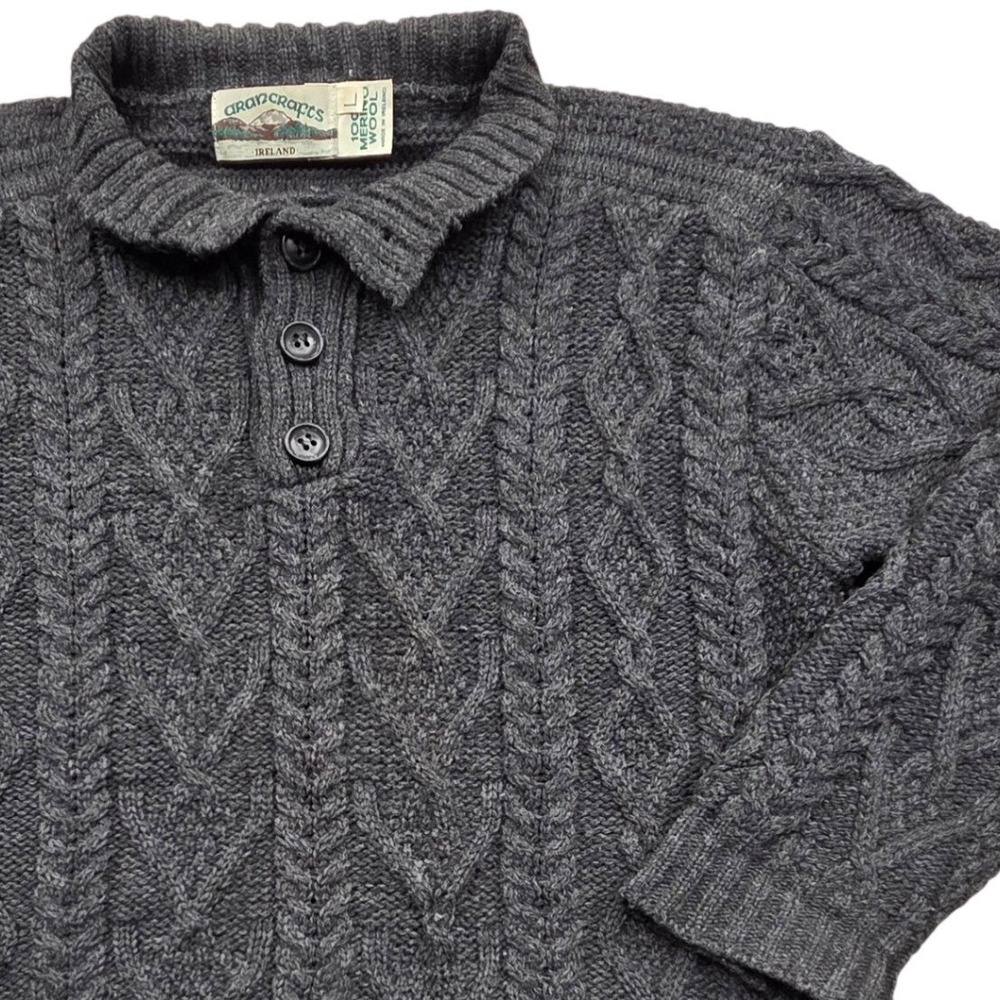 Vintage Aran Crafts 100% Merino Wool Cable Knit Sweater Charcoal Grey Large